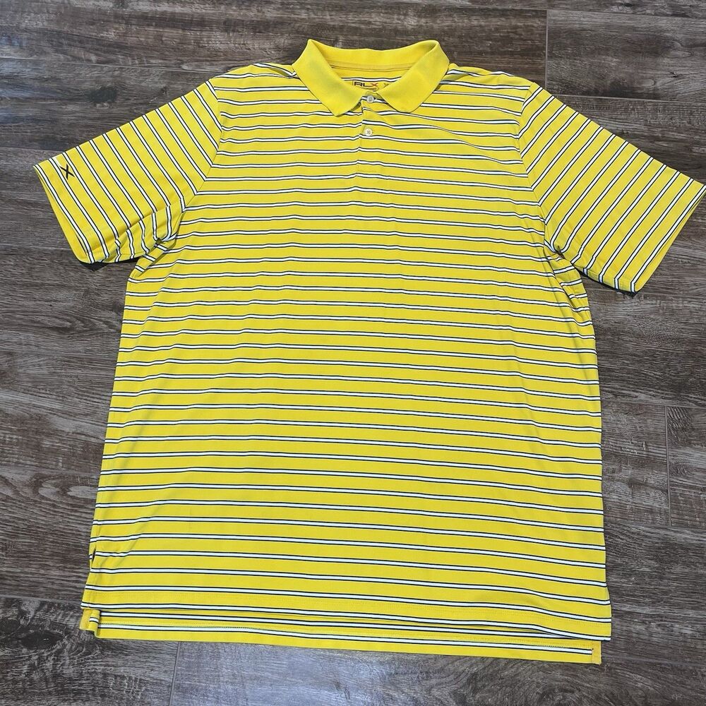 RLX Polo Shirt Men's Size XL Black White Yellow Stripe Performance Golf Logo